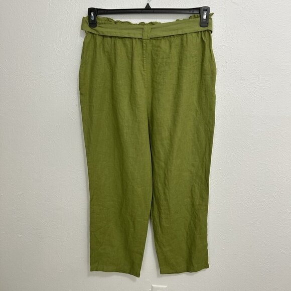 CC  California Lime Green Linen Cropped Pants Wide Leg Scrunched Waist Size L - Picture 2 of 12